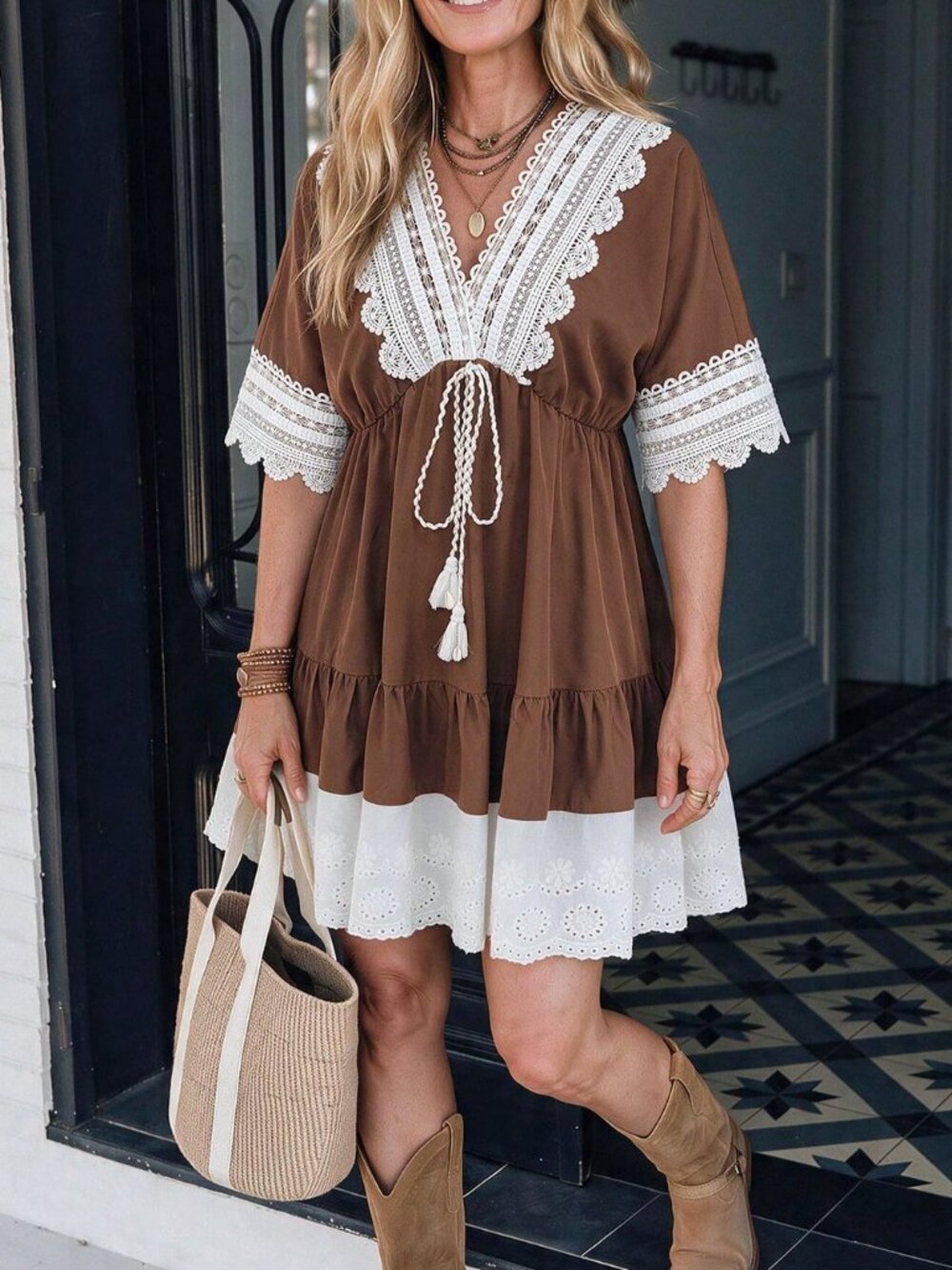 Brown Boho Women's Elegant Contrast Lace Batwing Sleeve A-Line Dress